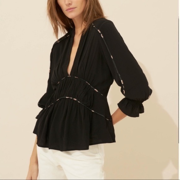 ba&sh FARO black v-neck 3/4 sleeve floral piping pleated peplum blouse top small - Picture 1 of 12